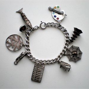 Antique Vintage Sterling Silver Abacas Fish Piano Spider Pagoda Charm Bracelet